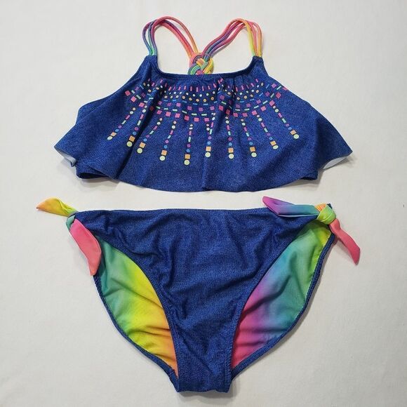 Nation Blue & Rainbow Crossed Braided Strap 2-pc Bikini Set Sz XL (14-16) - Picture 11 of 14